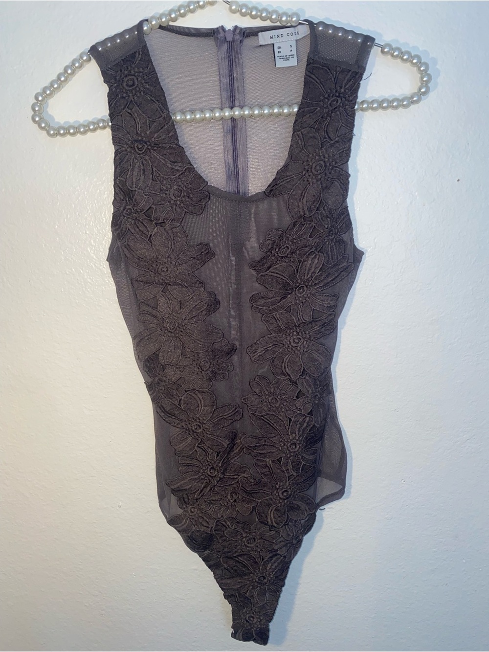 Mind code purple mesh bodysuit with floral embroidery and sheer details. Size: S